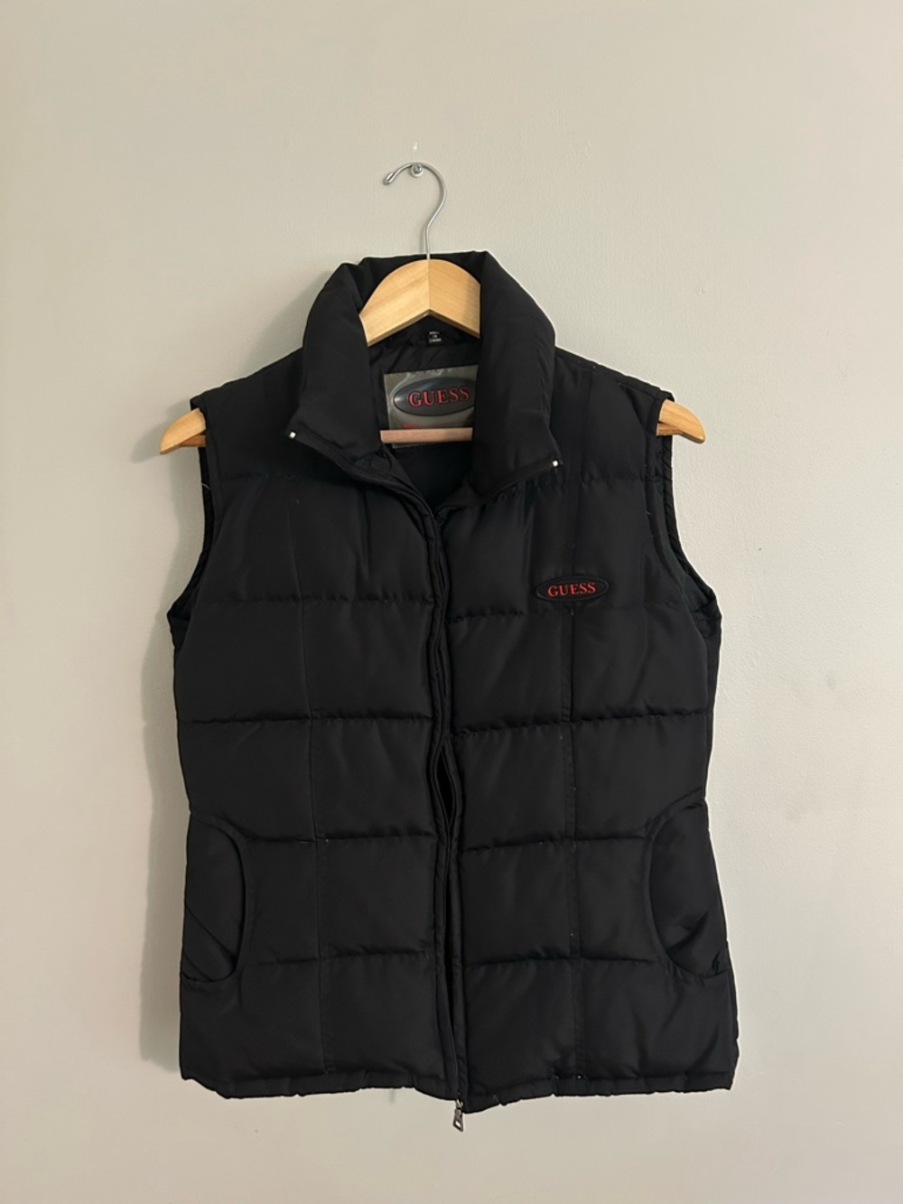 GUESS Black Quilted Down-Style Vest with Red Logo